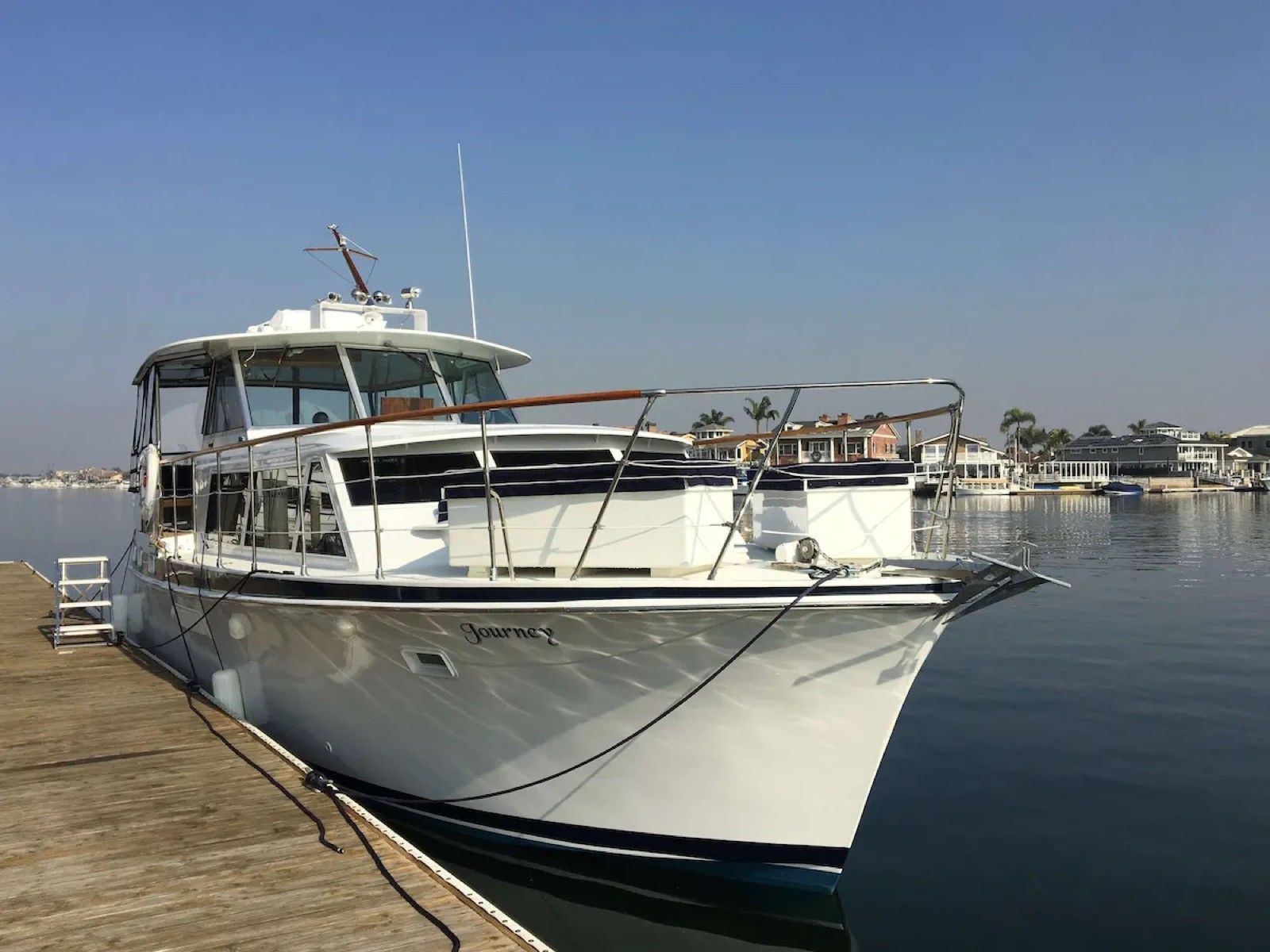 Journey, the restored luxury yacht, docked in Huntington Harbour